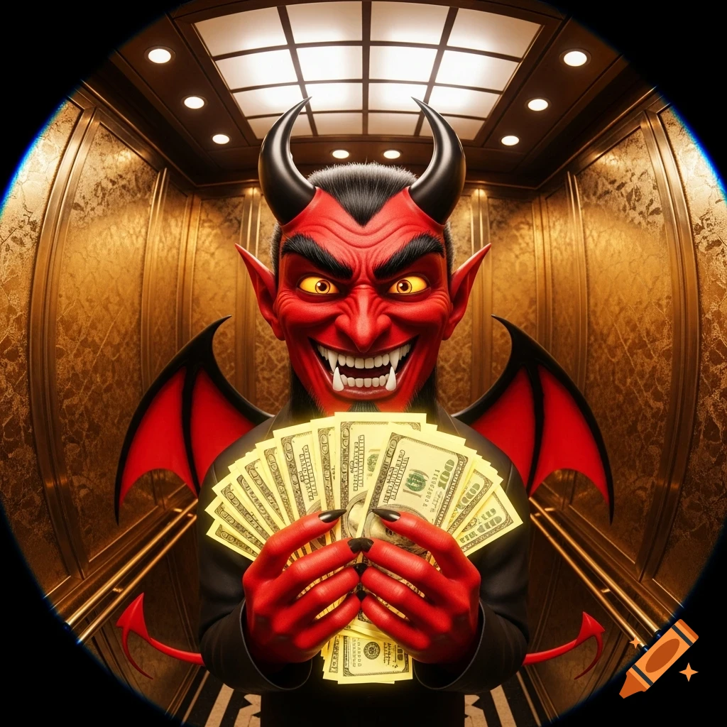 A stylized red devil with horns and bat wings grins mischievously while holding a fanned stack of hundred-dollar bills in a golden elevator, depicted with a fish-eye lens effect.