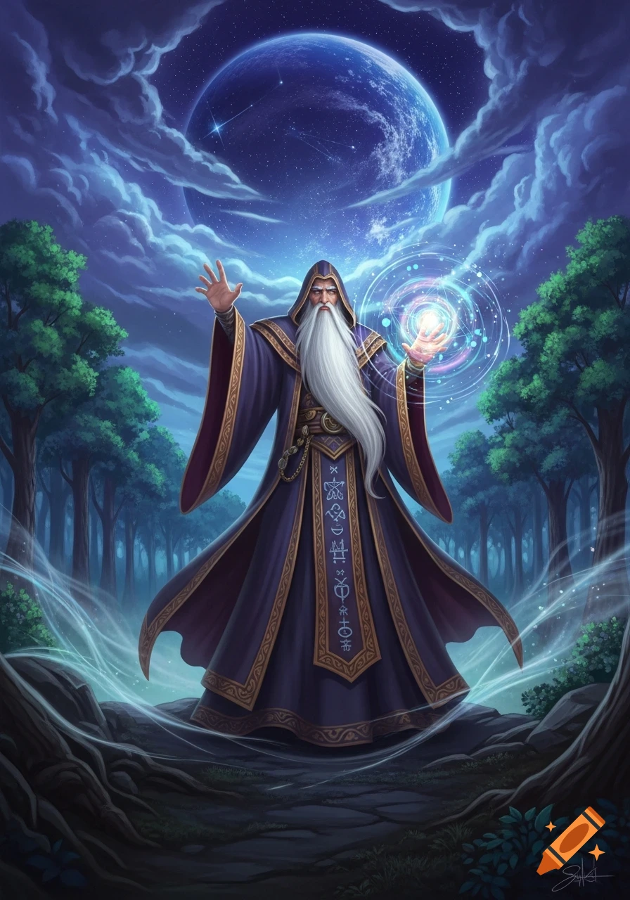An old wizard with a long white beard stands in a mystical forest at night, casting a glowing orb of magic under a large blue moon and cloudy sky.