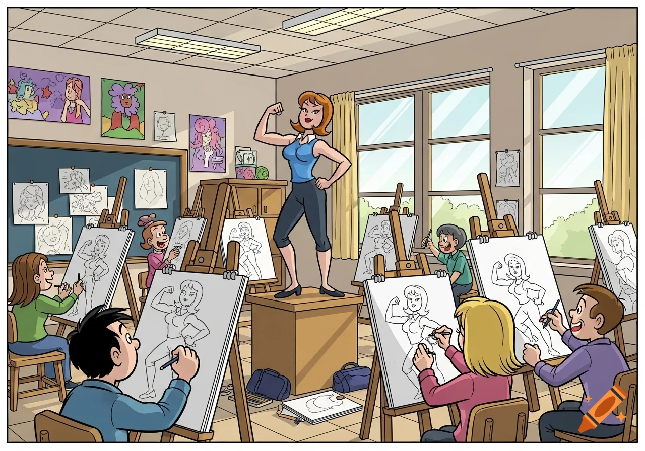 A cartoon art class where a female model in a blue top and dark pants flexes her muscles as students draw her on easels.