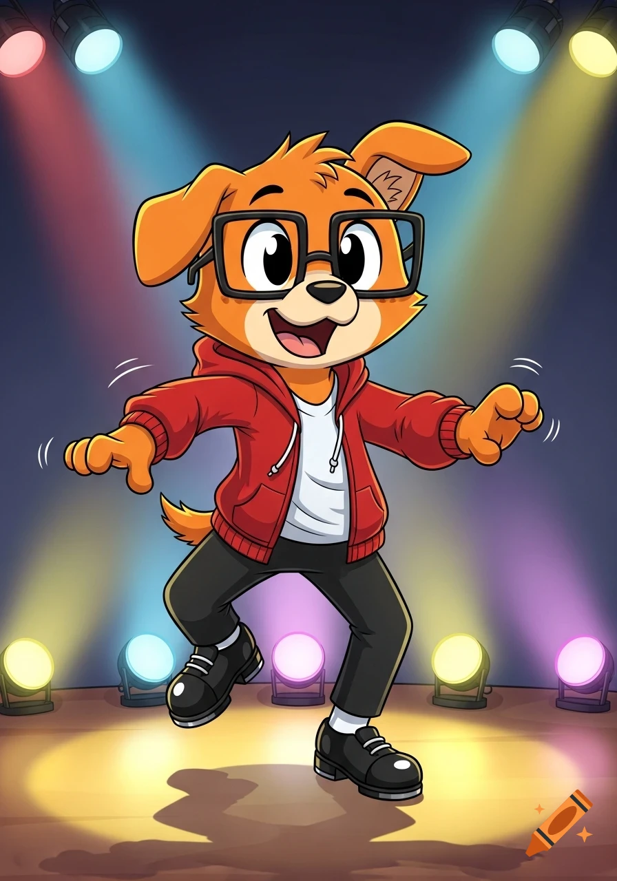 A happy orange cartoon dog wearing a red hoodie, black pants, square eyeglasses, and tap shoes is tap dancing on a stage with colorful spotlights.