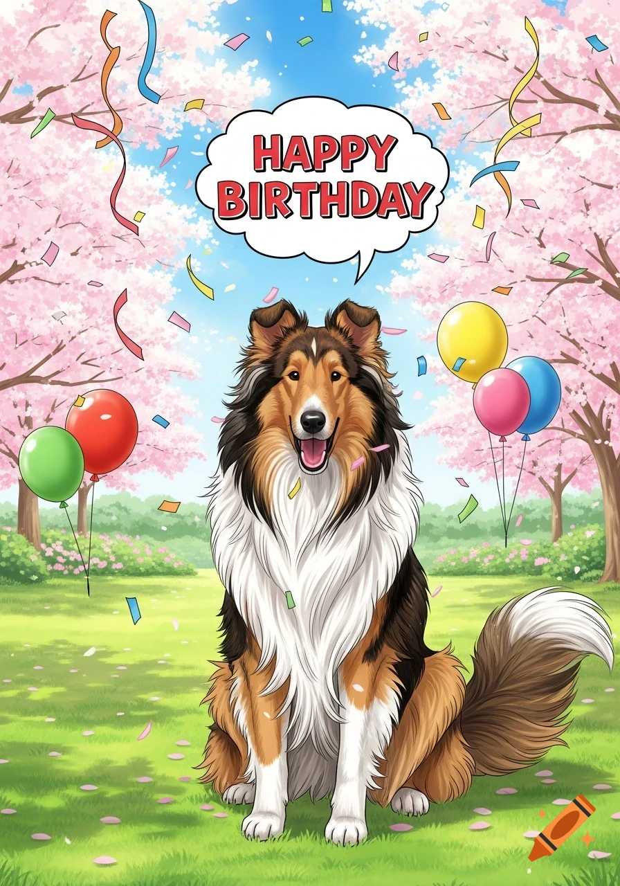 A manga-style rough collie dog sitting in a park with balloons and cherry blossoms, with a 'HAPPY BIRTHDAY' speech bubble.