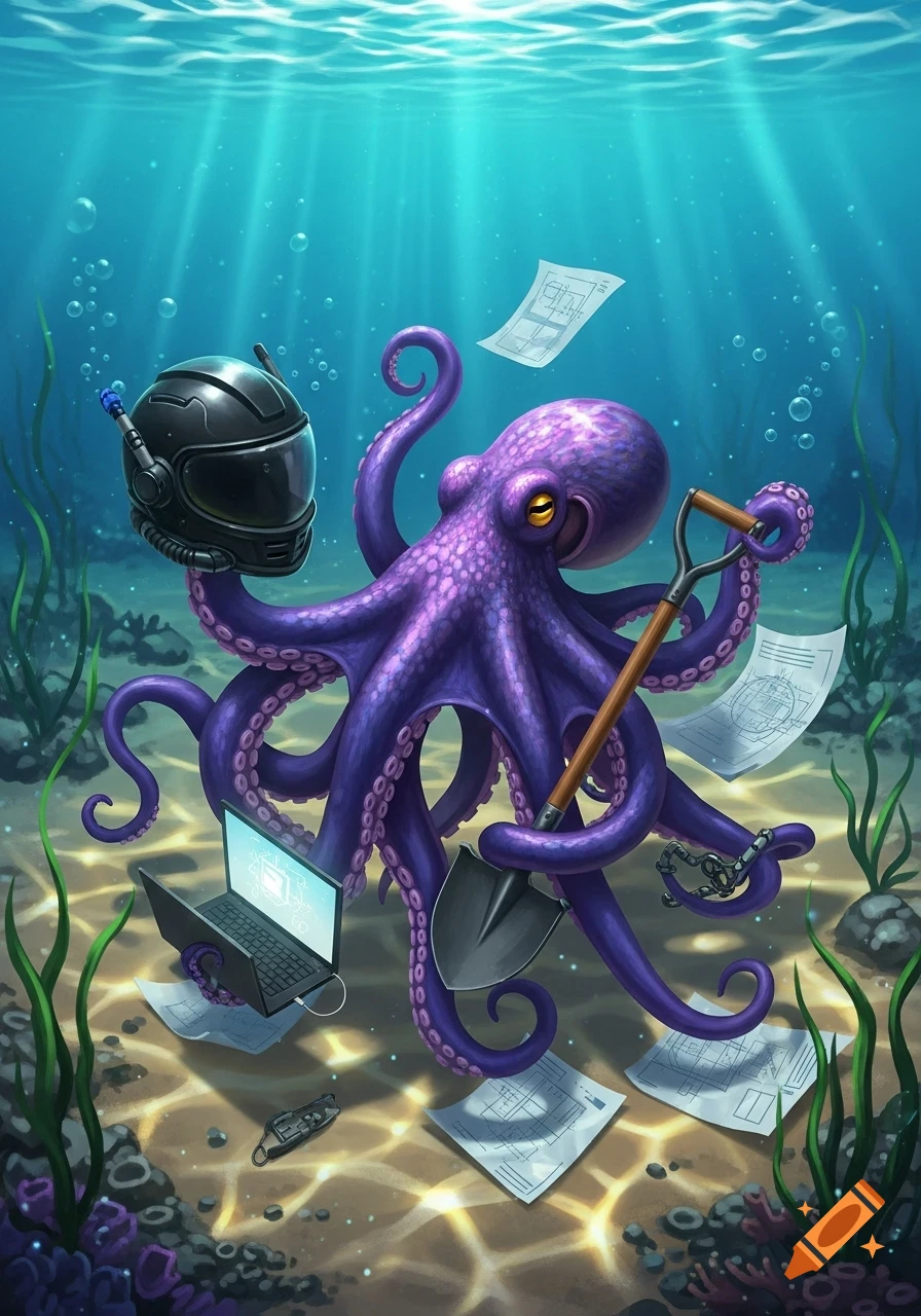 A purple octopus underwater holds a black helmet, a shovel, a laptop displaying a circuit, and floating papers. Digital art.