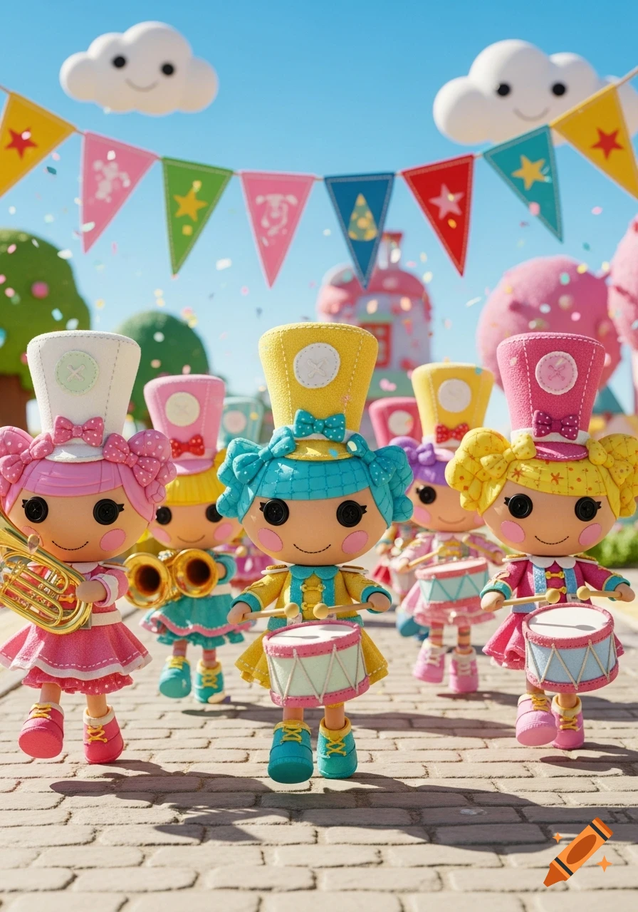 Lalaloopsy dolls in a vibrant marching band parade, playing instruments and drums under a sunny sky with festive banners.