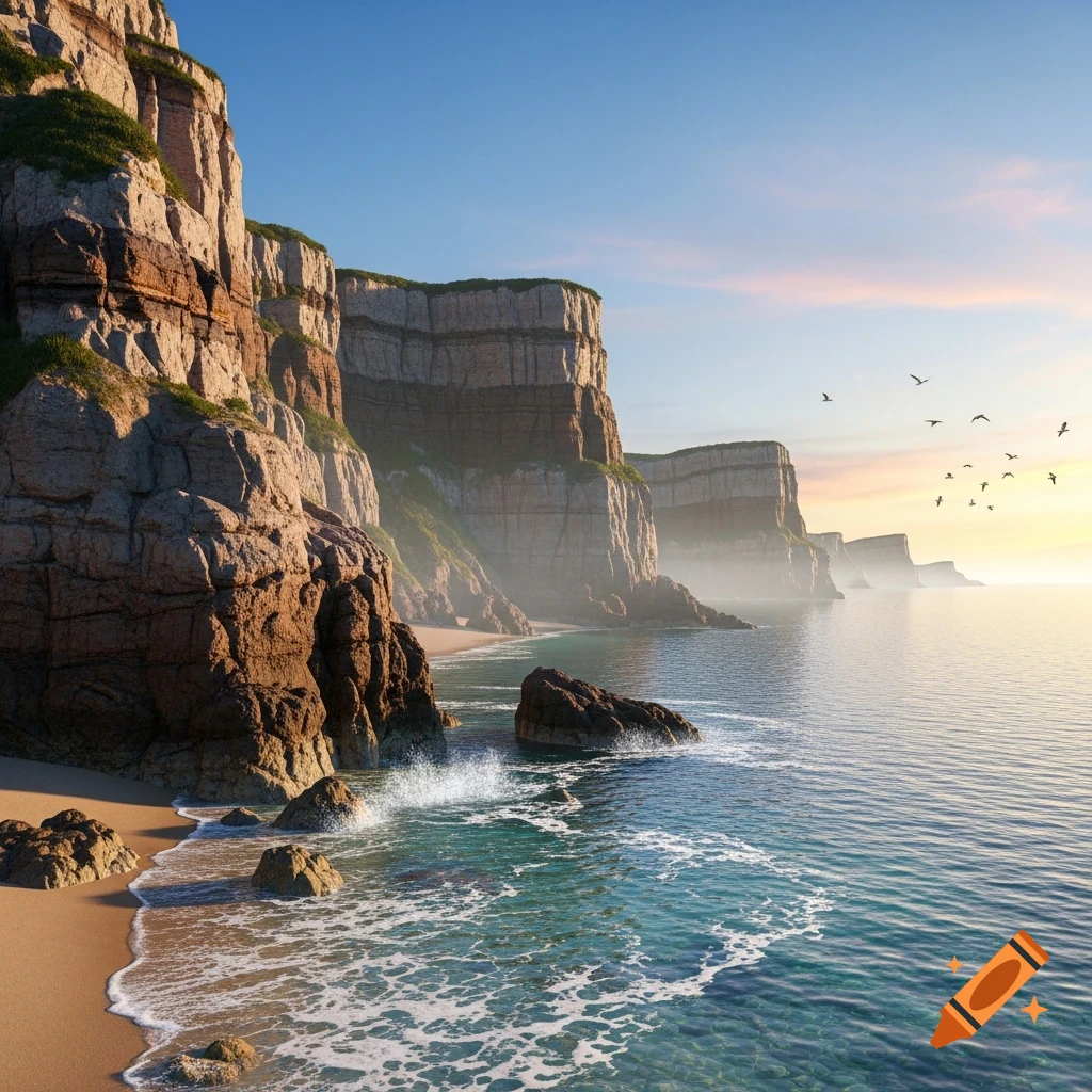 Sunlit, layered cliffs overlook a sandy beach and clear blue ocean with small waves. Birds fly against a pastel sky.