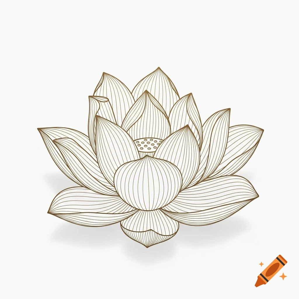 Minimalist gold line art drawing of a lotus flower with elegant curves and soft shadows on a white background.