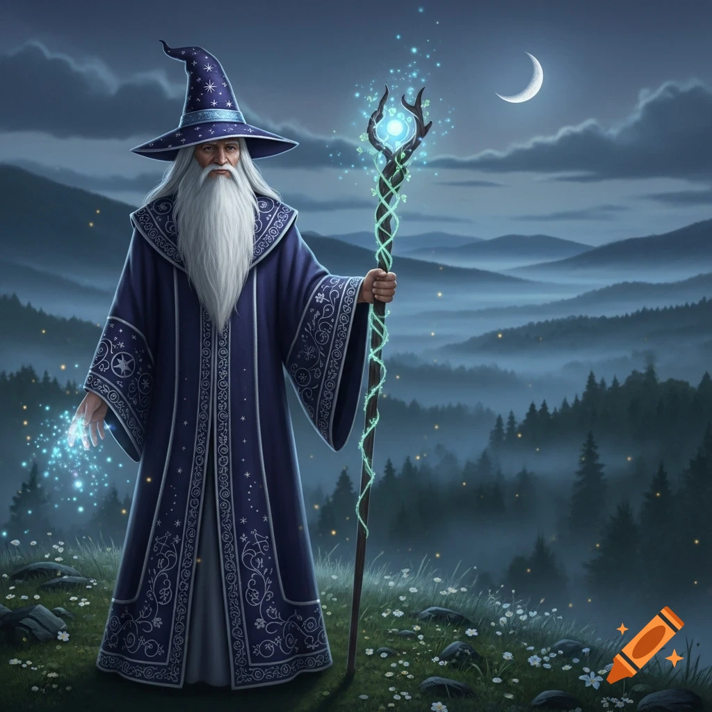 A white-bearded wizard in a blue robe and hat stands in a misty mountain landscape under a crescent moon, holding a glowing staff.