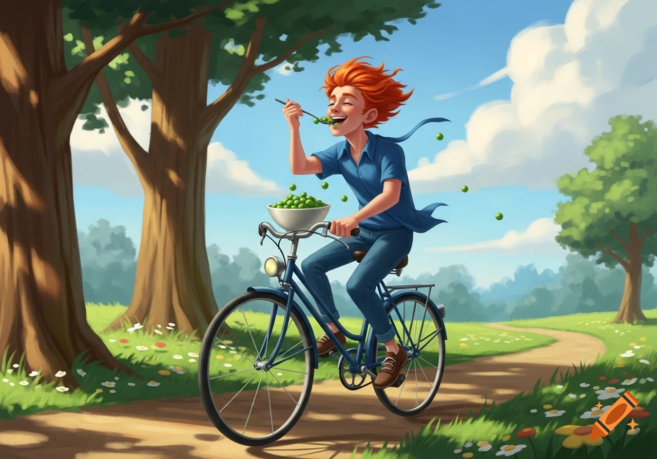 A whimsical illustration of a person with red hair riding a bicycle on a sunny path, happily eating peas.
