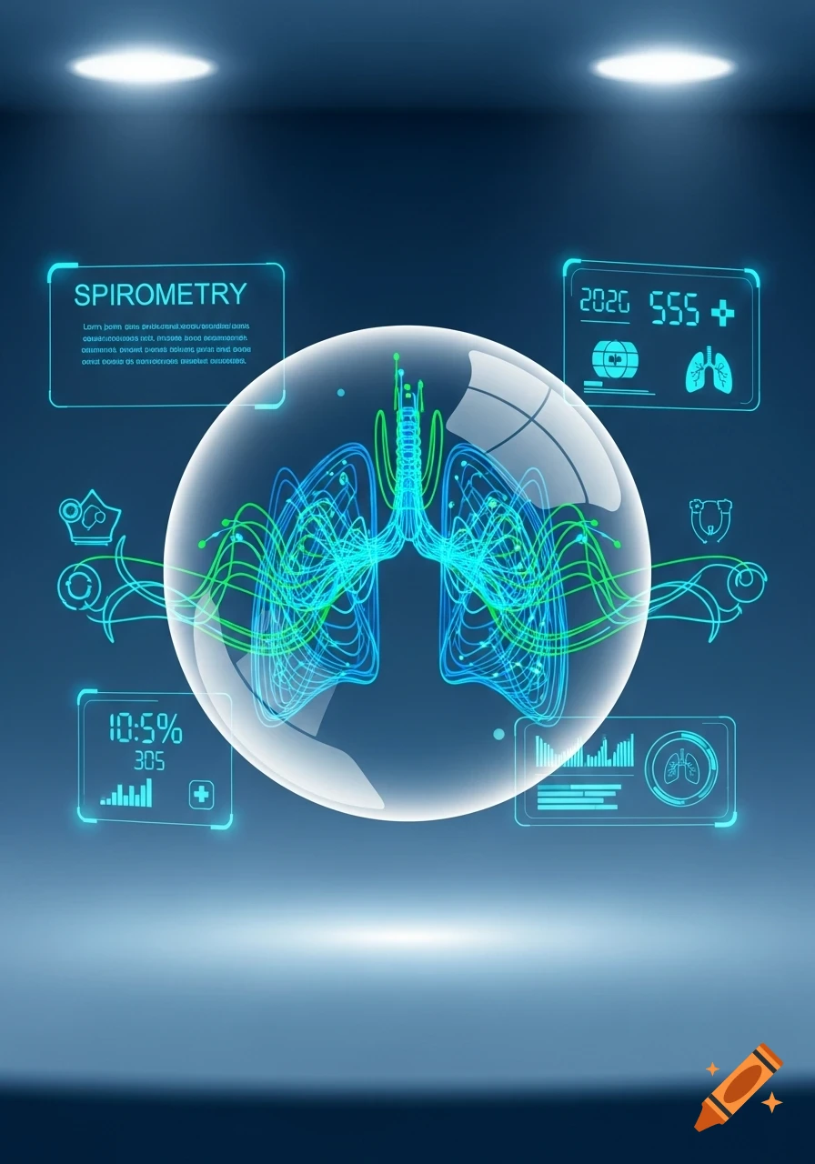 Digital display showing human lungs with green and blue lines representing airflow or data, surrounded by medical statistics and a 'Spirometry' title within a glass sphere.