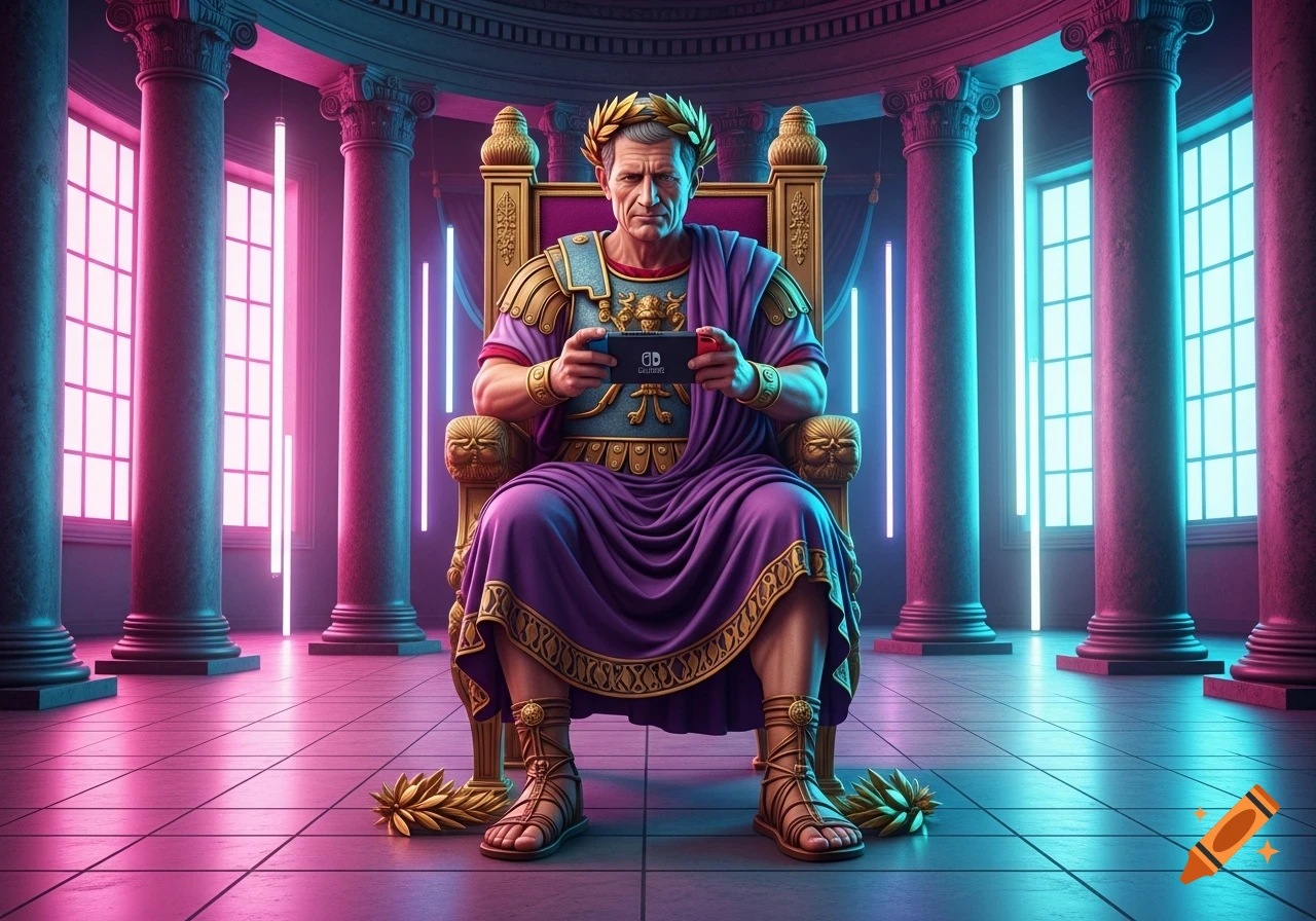 Julius Caesar playing a Nintendo Switch on a golden throne in a vibrant neon-lit Roman-style chamber.