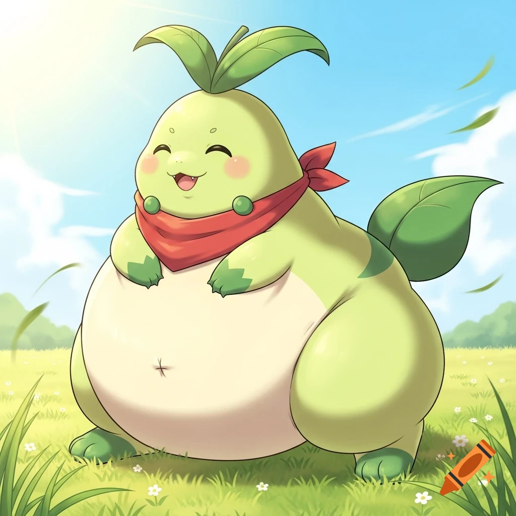 A happy, chubby, green Chikorita-like creature wearing a red bandana stands in a sunny grassy field.