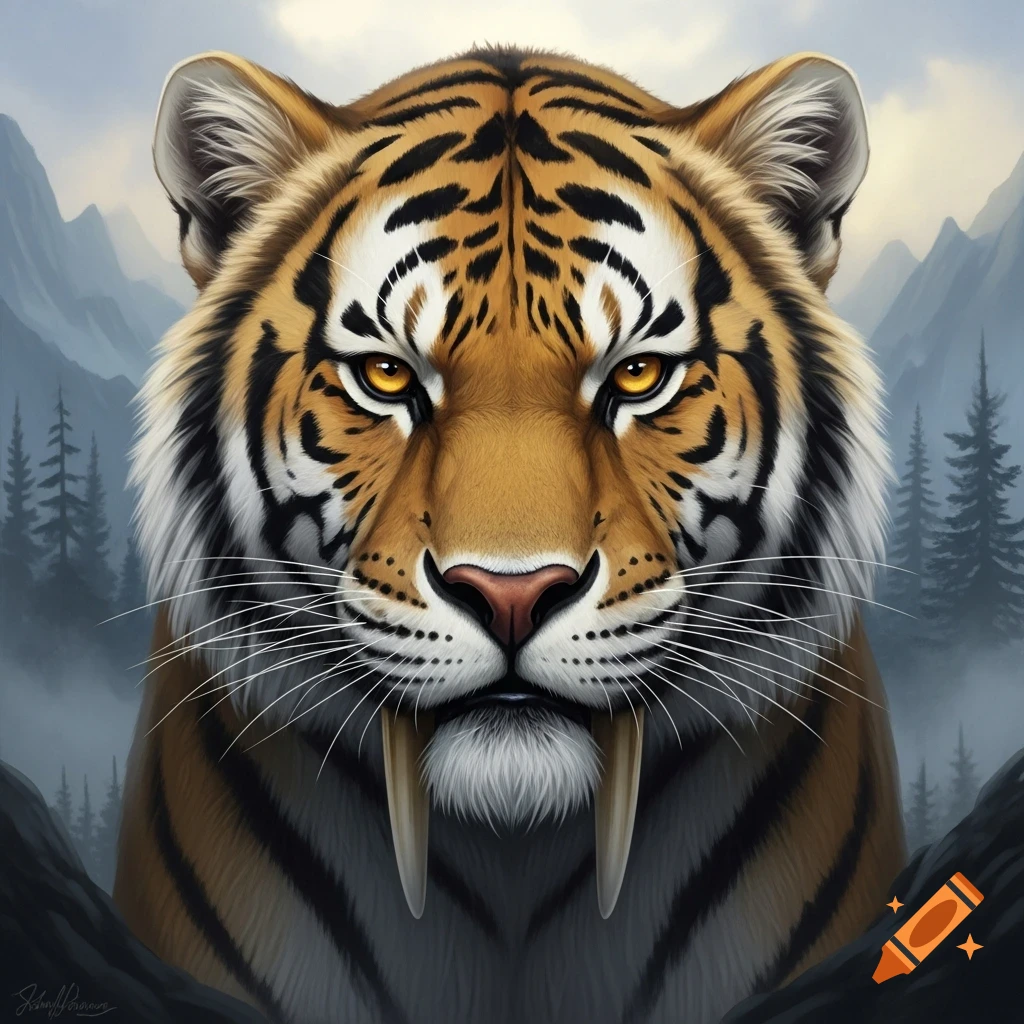 Close-up front view of a majestic sabre-tooth tiger face with piercing yellow eyes and large fangs, set against a misty mountain and pine forest backdrop.