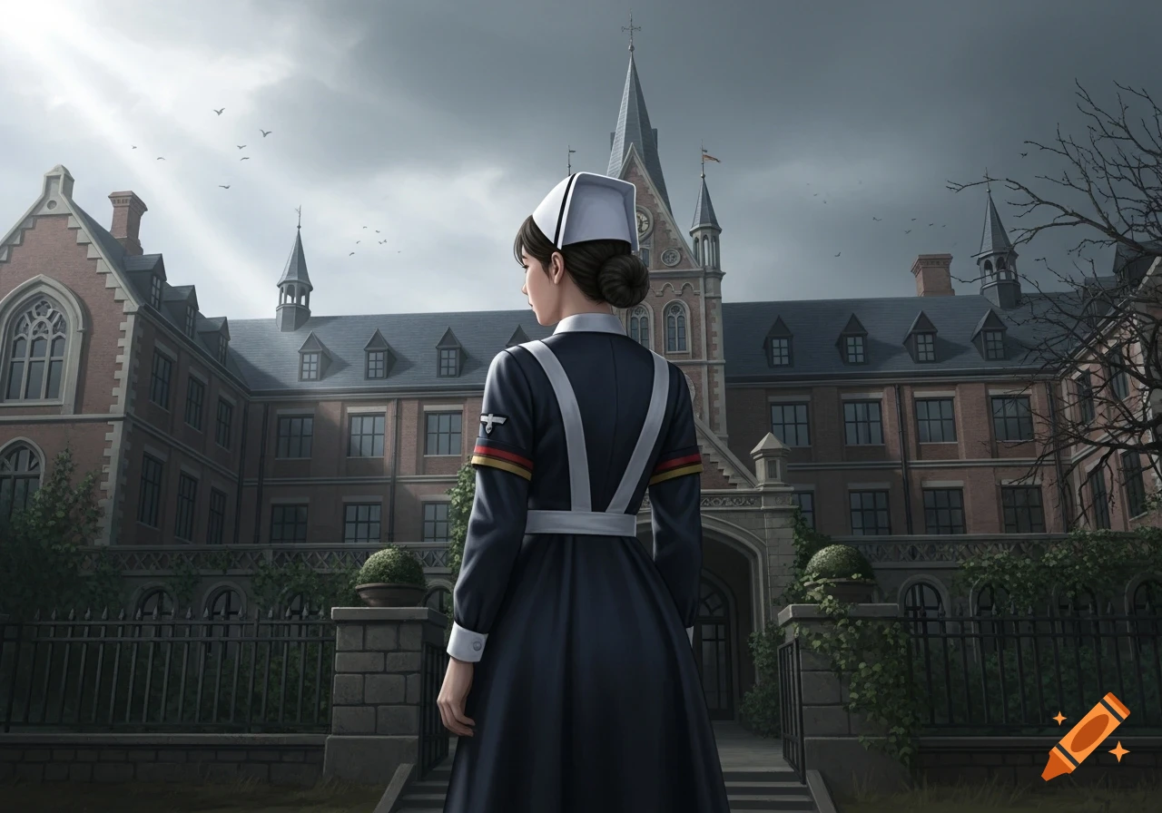 A young nurse in a dark German-style uniform stands with her back to the viewer, facing a grand, gothic hospital building under a cloudy sky.