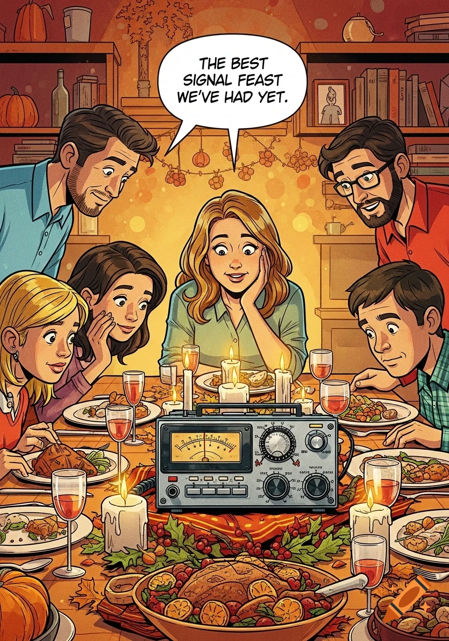 Comic art of a family at a Thanksgiving table with an amateur radio as the main dish, a woman says 'THE BEST SIGNAL FEAST WE'VE HAD YET.'