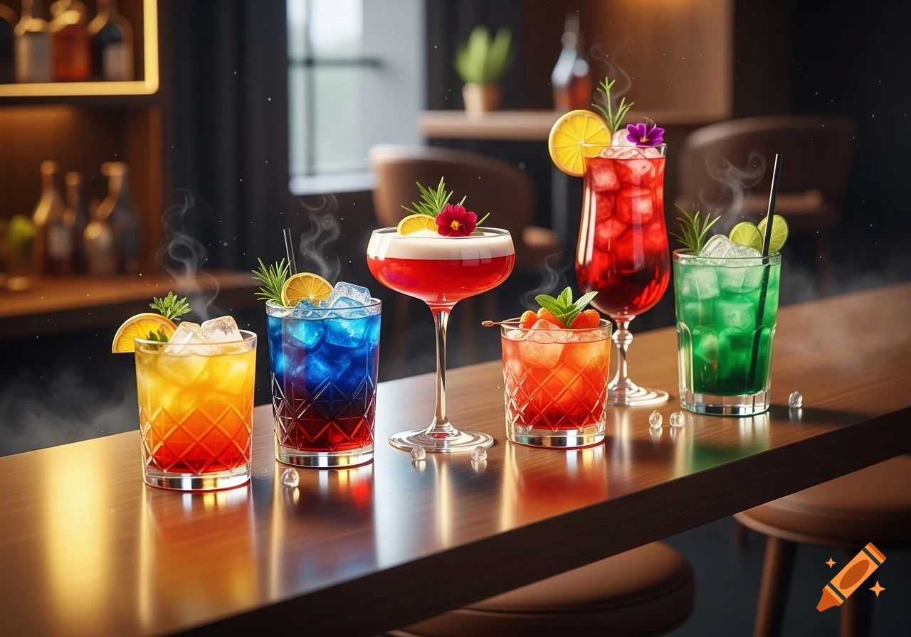 A row of vibrant, colorful cocktails with ice and garnishes on a reflective wooden bar table in a softly lit bar.