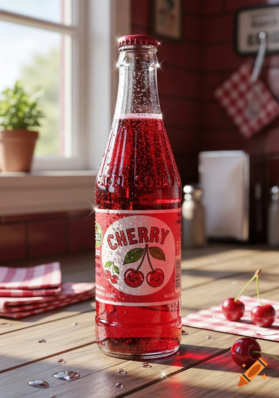 A photorealistic image of a cherry soda bottle with water droplets on a wooden table, with fresh cherries and a window in the background.
