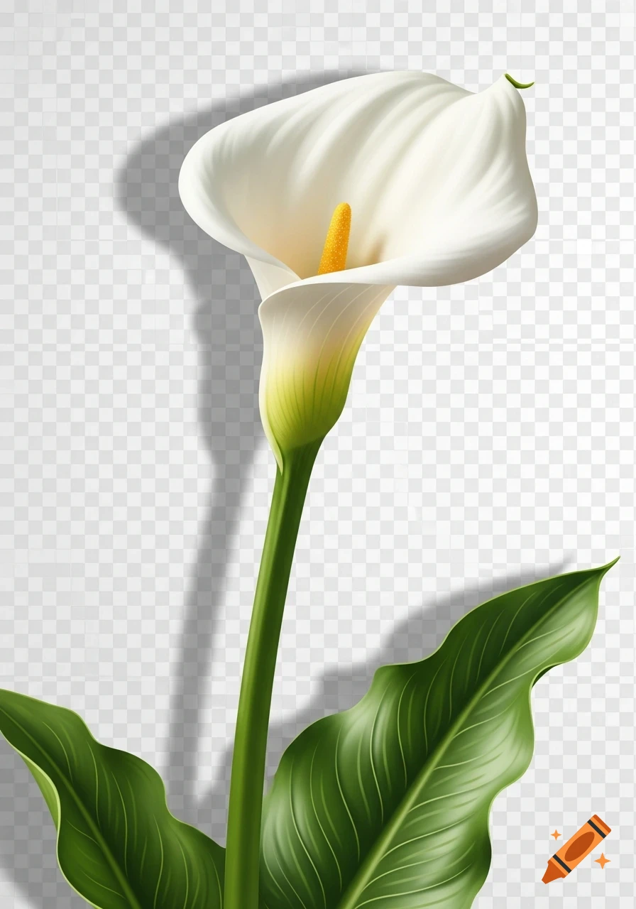 Photorealistic white calla lily with a yellow center, green stem, and leaves against a transparent background.