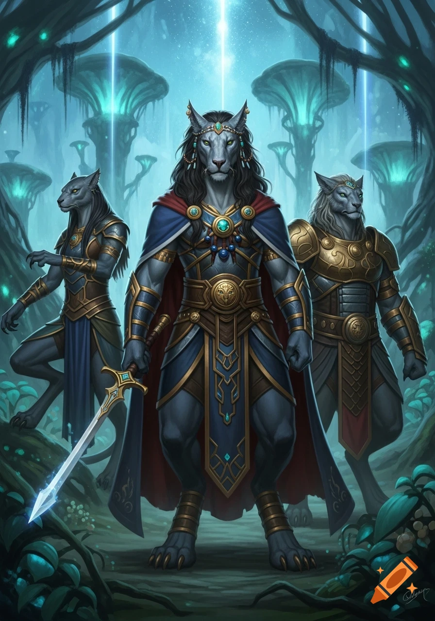 Three armored anthropomorphic lion warriors with a glowing sword stand in an enchanted forest with bioluminescent plants.
