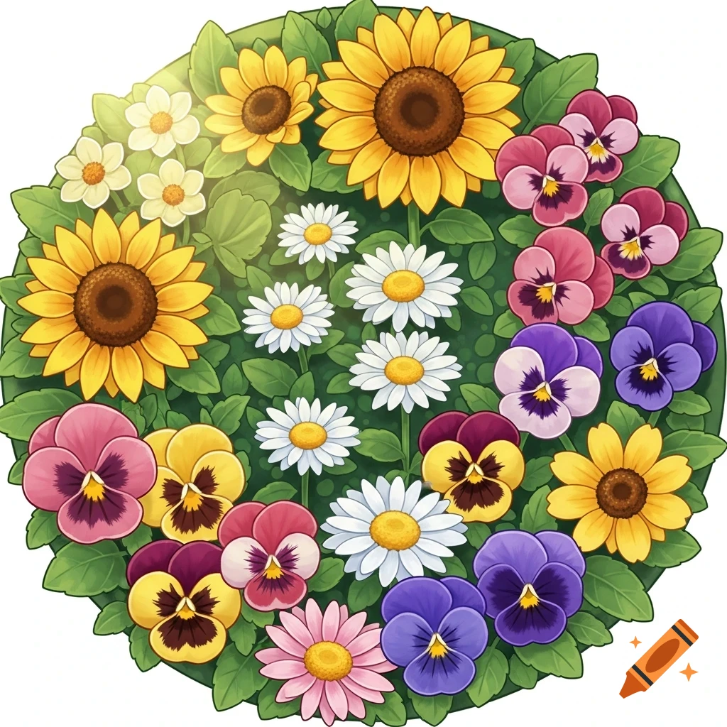 A vibrant round flowerbed icon featuring sunflowers, pansies, and daisies on a green leaf background, in a casual game art style.