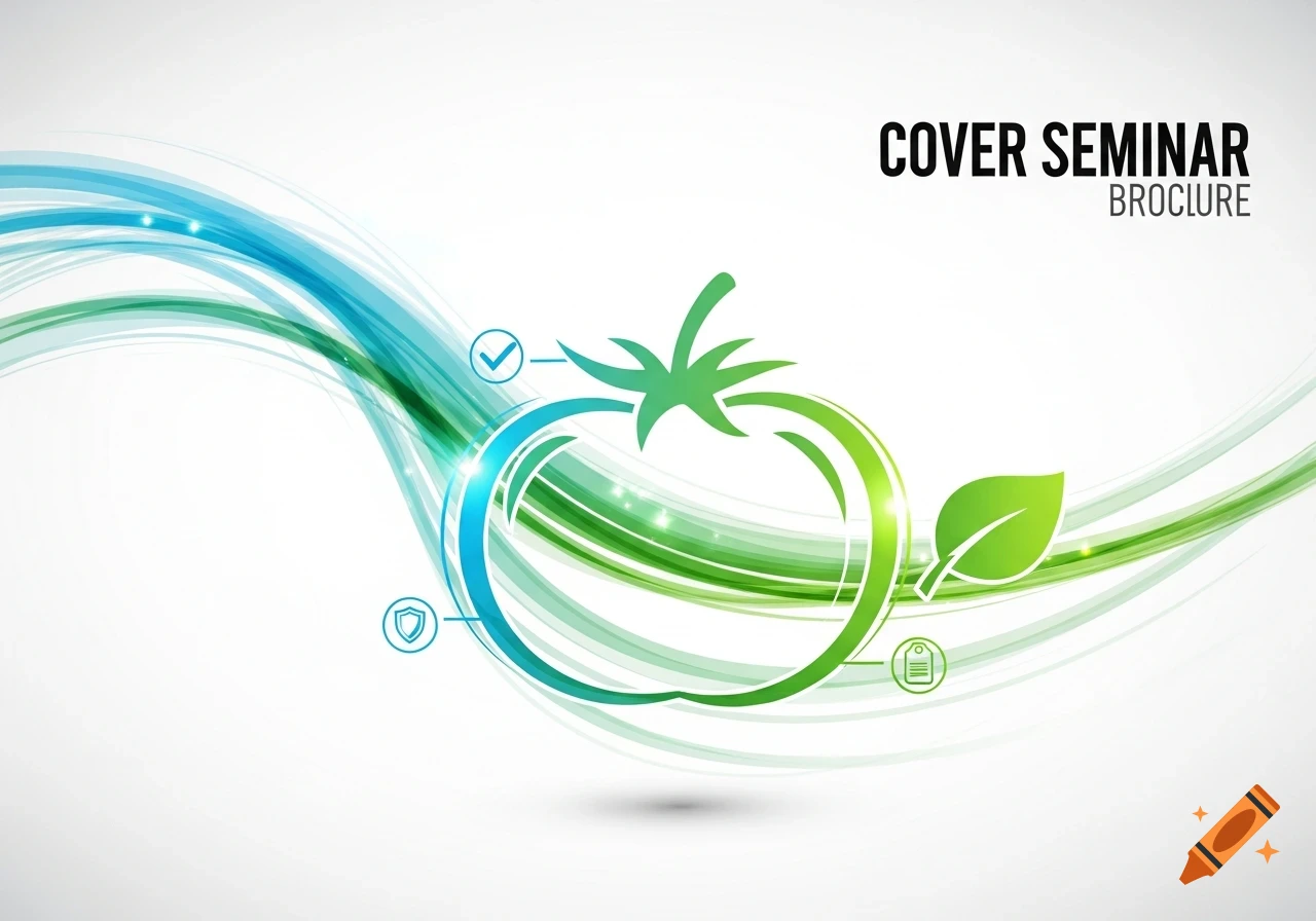 Abstract illustration for a digital seminar brochure cover with blue and green wavy lines forming a stylized tomato outline and various small icons, against a white background with text 'COVER SEMINAR BROCHURE'.