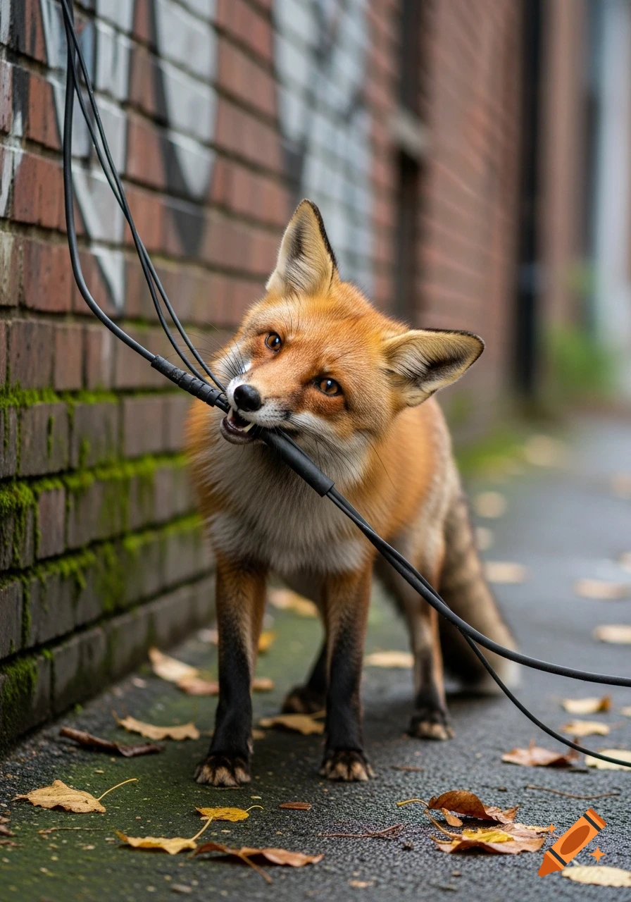 A photorealistic red fox chews on black wires next to a brick wall with graffiti.