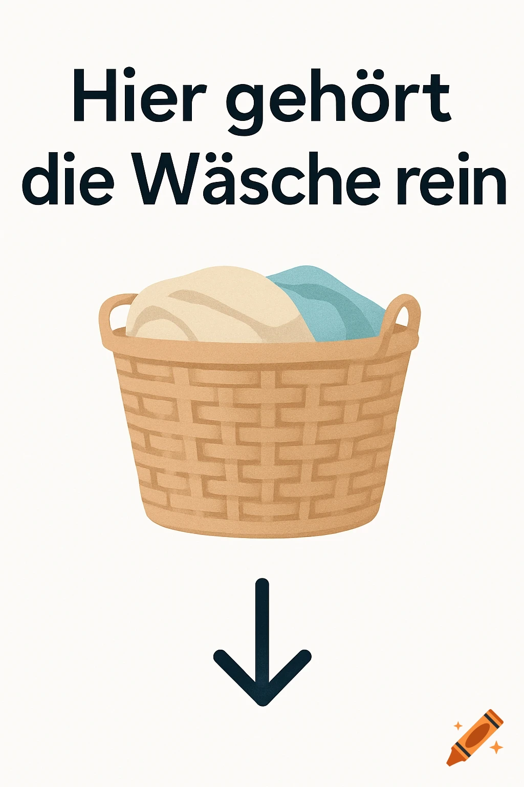 An illustration of a laundry basket filled with clothes, with German text 'Hier gehört die Wäsche rein' and a downward arrow.
