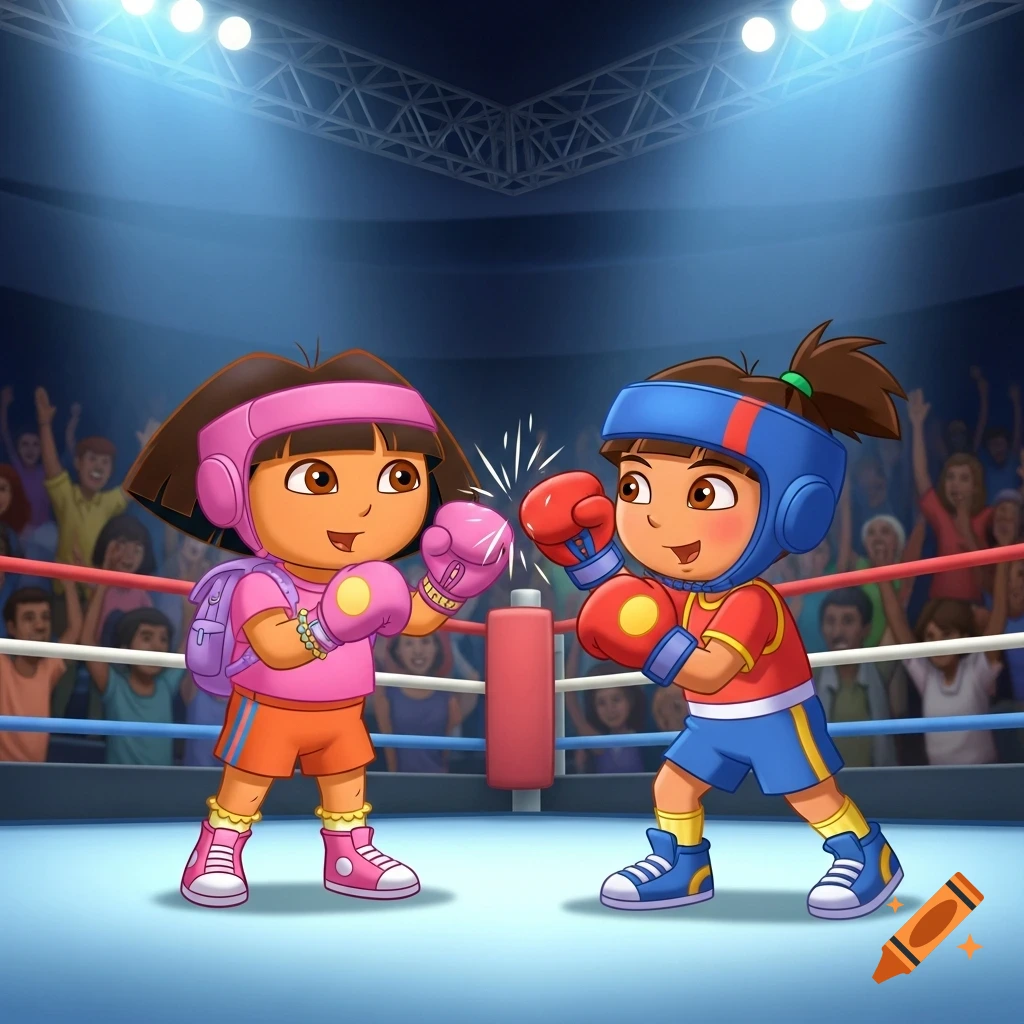 Cartoon characters Dora the Explorer and another fighter box in a brightly lit ring, surrounded by a cheering crowd.