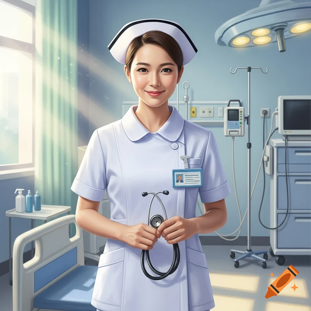 A smiling female nurse in a white uniform holds a stethoscope in a hospital room.