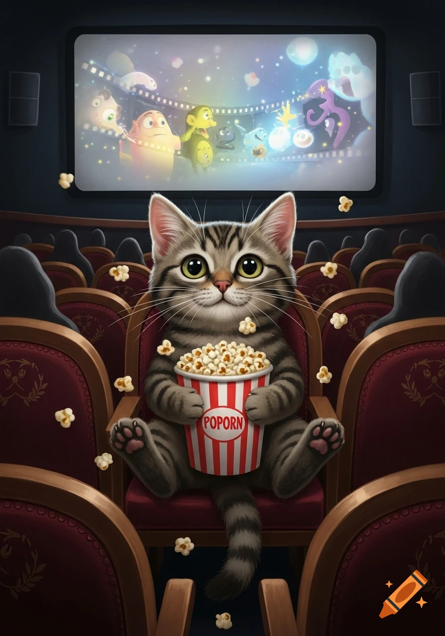 A cute cartoon tabby cat sits in a movie theater seat, holding a bucket of popcorn, smiling. Popcorn is scattered.