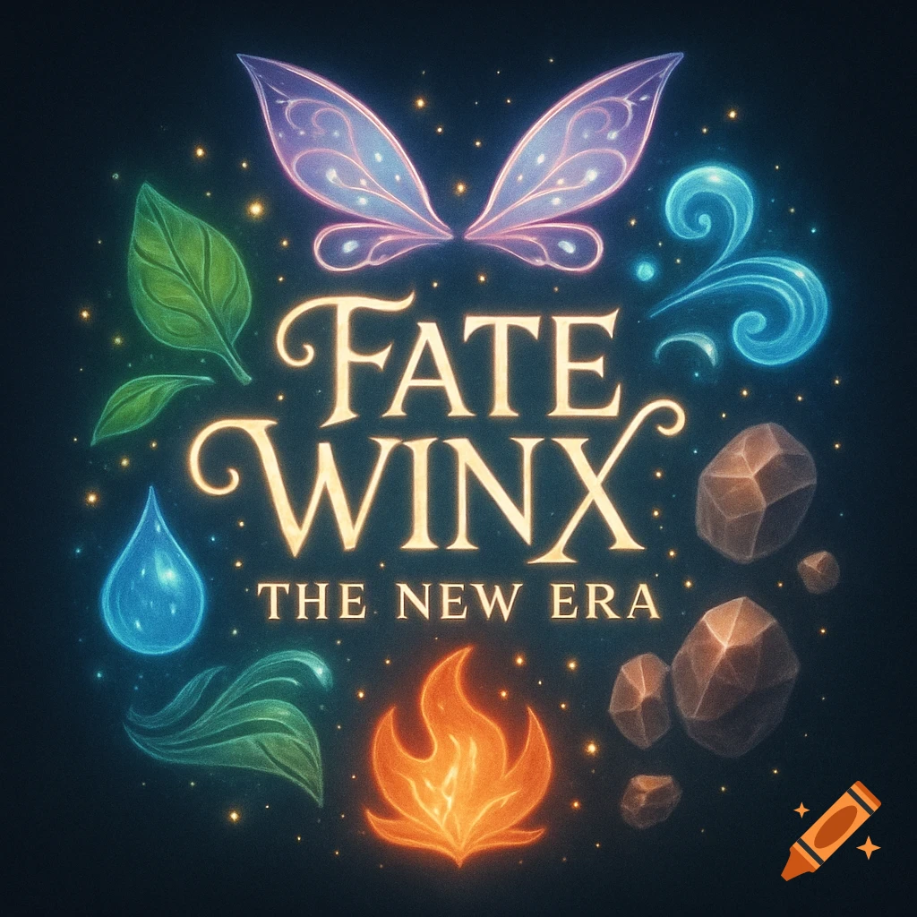 A glowing 'Fate Winx: The New Era' logo surrounded by magical elemental symbols like wings, leaves, water, fire, and rocks on a starry dark background.
