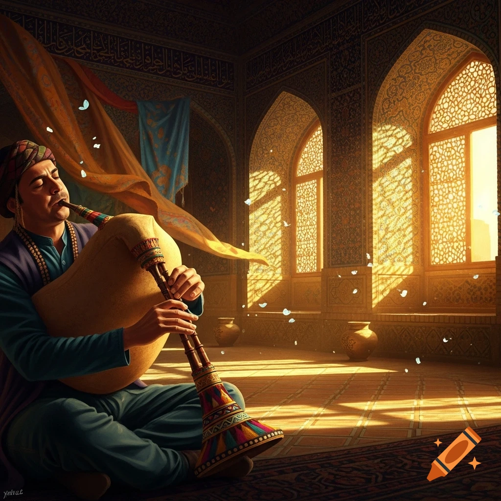 A man in traditional attire plays a bagpipe-like instrument in an ornate room with golden light streaming through arched windows.