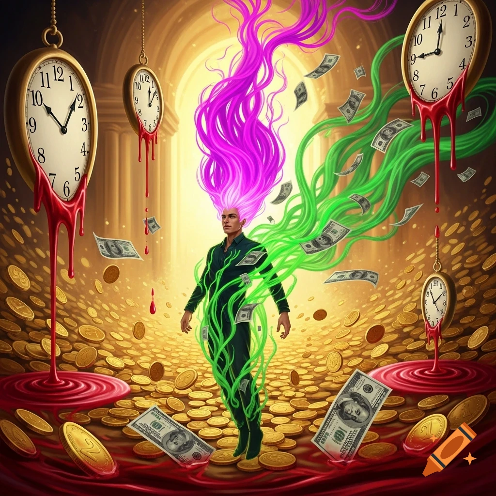 A man with glowing magenta and green hair floats amidst a shower of dollar bills and gold coins. Clocks with melting red liquid drip into red pools on the golden ground.