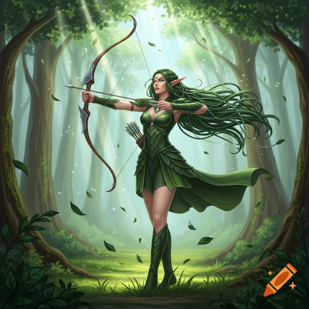 A green-haired elf archer in a leaf-patterned green outfit aims a bow and arrow in a sun-dappled forest.