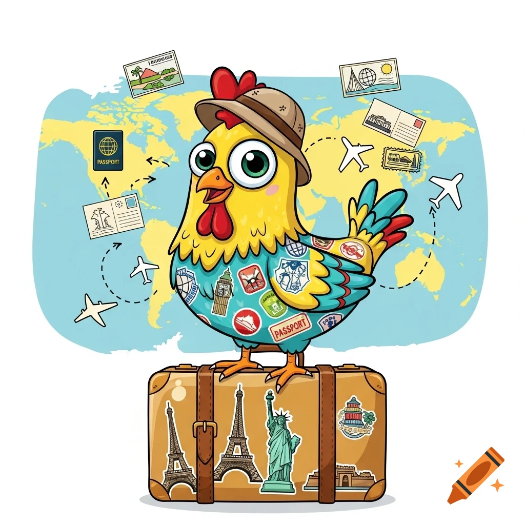 Colorful cartoon chicken in a safari hat on a travel suitcase with world map background and airplanes.