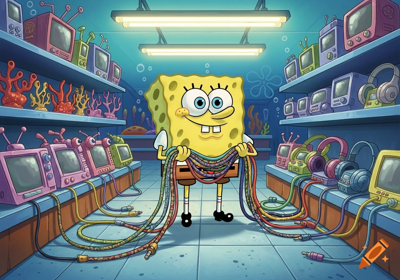 Spongebob Squarepants stands in an underwater electronics store, smiling and holding a tangle of colorful audio and video cables.