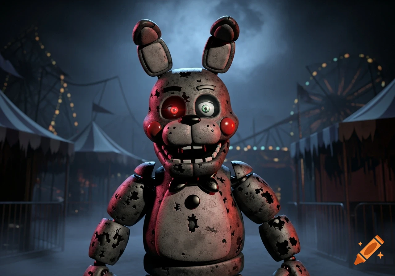 A creepy, worn animatronic bunny with one red glowing eye and one green eye, smiling in a dark, foggy amusement park at night.