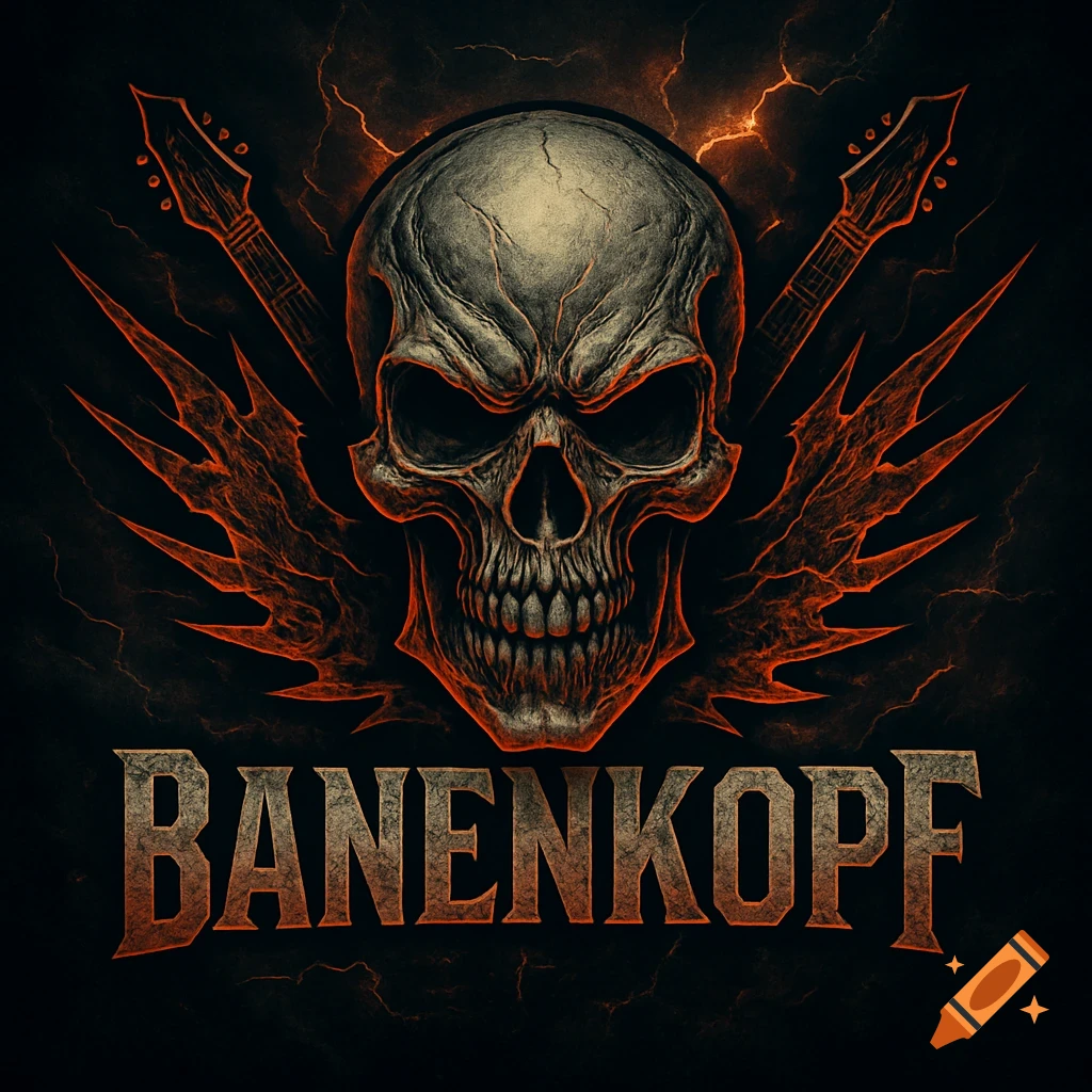 A dark rock band logo with a menacing skull, crossed guitars, fiery orange wings, and 'BANENKOPF' text.