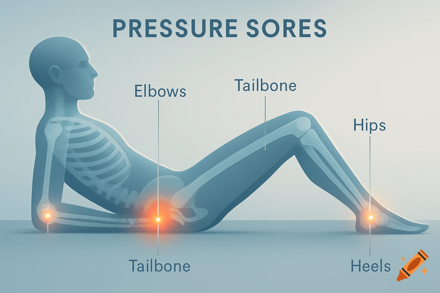 A medical illustration of a translucent blue human figure highlighting pressure sore locations at the elbows, tailbone, hips, and heels.
