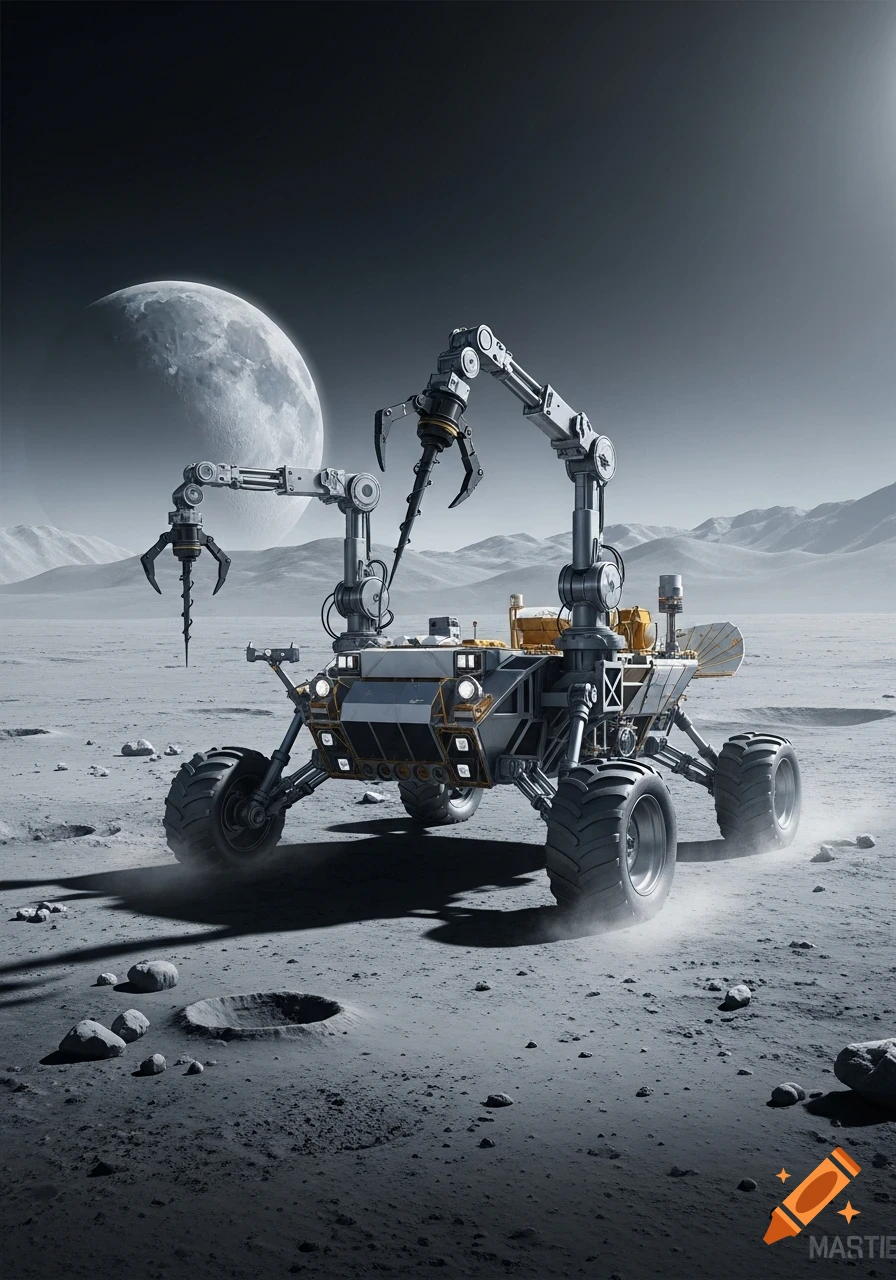 A detailed lunar rover with robotic arms and drills explores a cratered ...