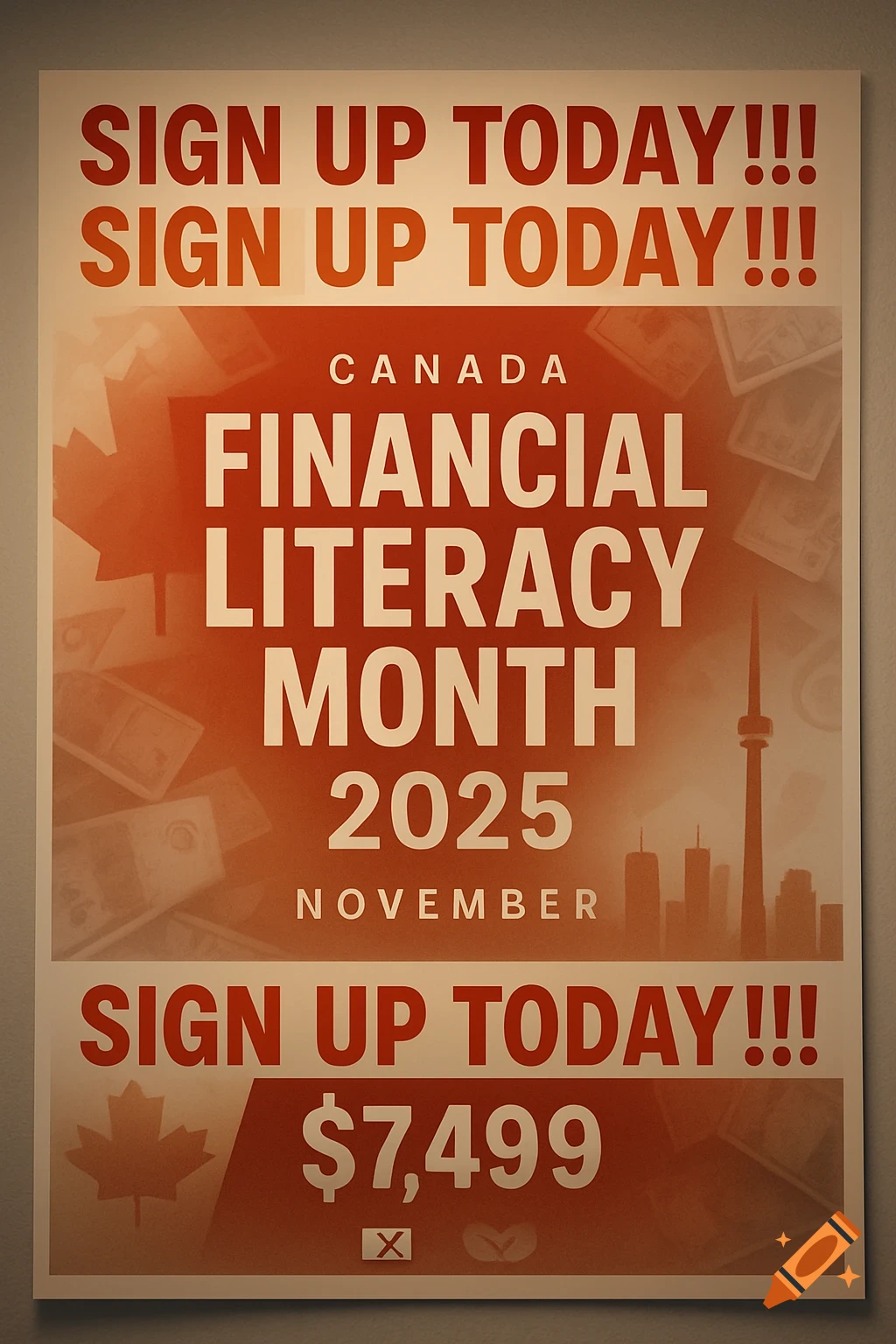 A poster advertises "Canada Financial Literacy Month 2025" for $7,499, with calls to "Sign Up Today!!!" against a red background featuring a maple leaf and cityscape.