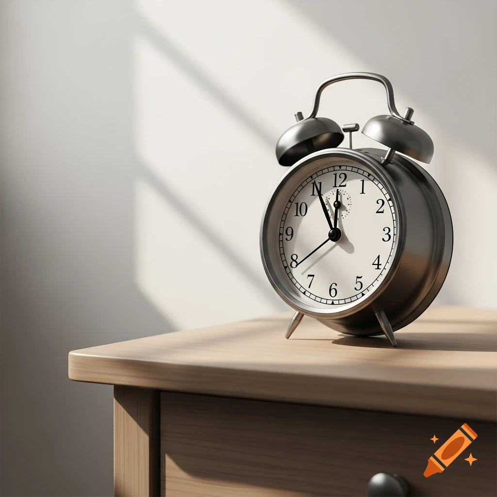 Close-up of a silver alarm clock on a light wooden nightstand, illuminated by soft morning light.