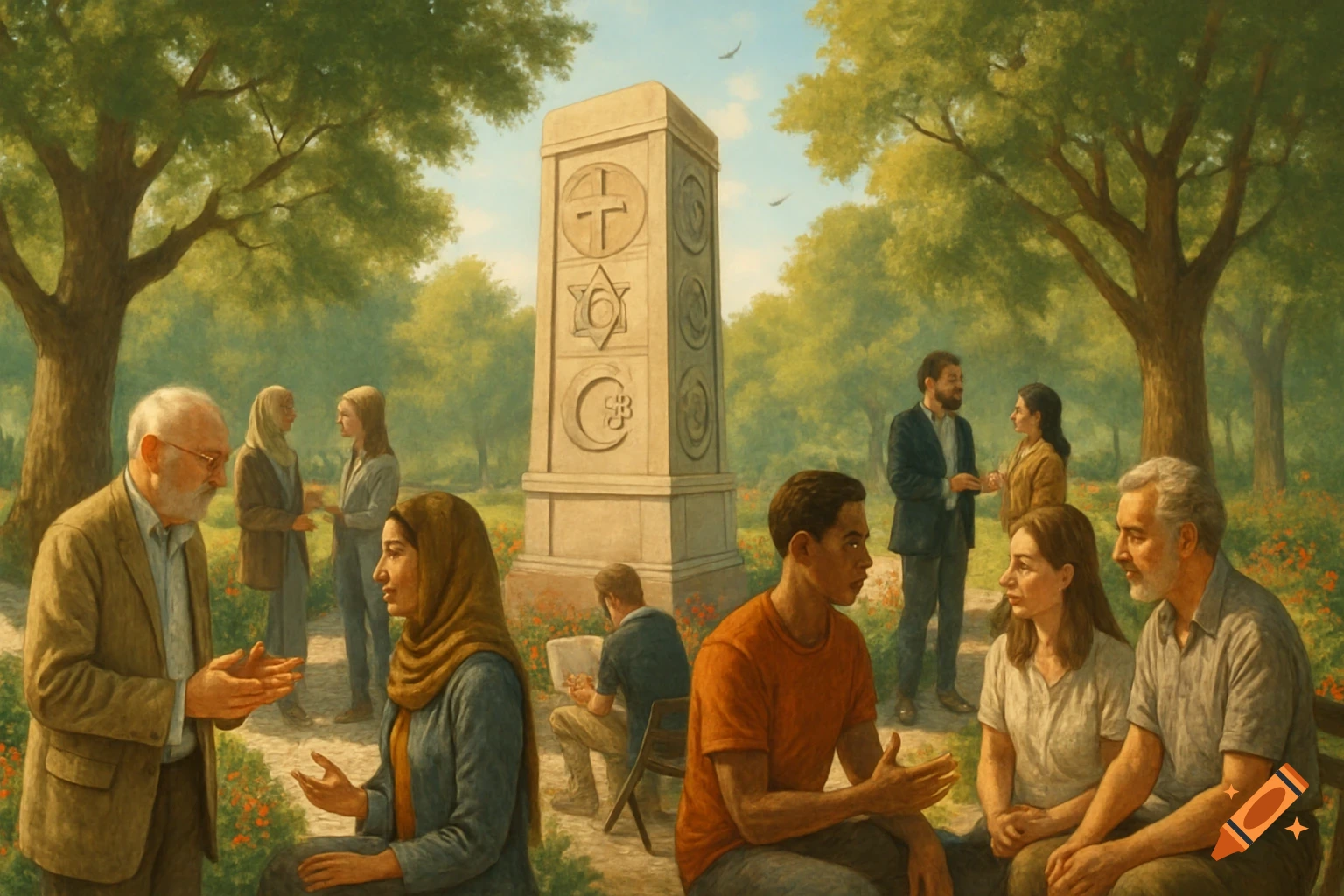 Diverse people in a park engaging in conversation around a monument featuring religious symbols like a cross, Star of David, and crescent.