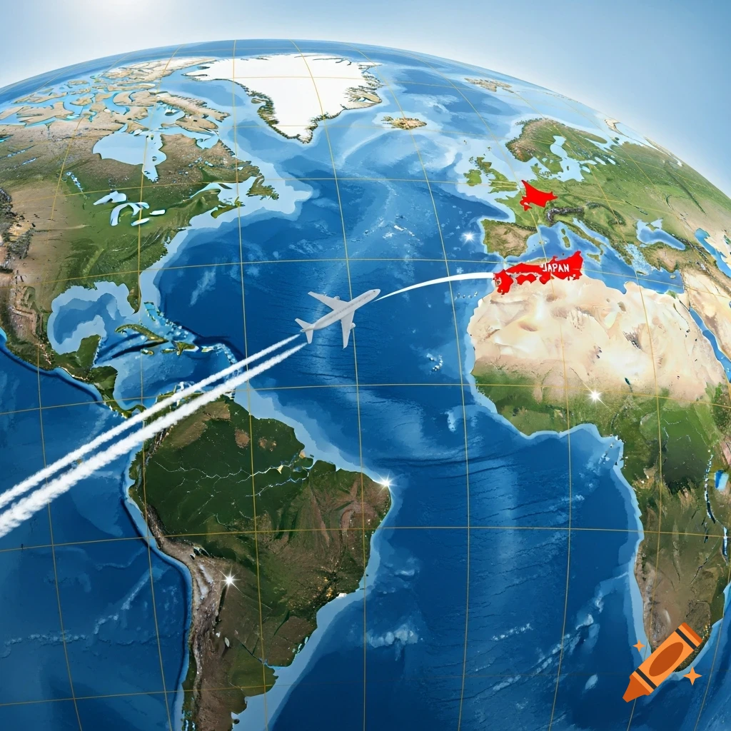 A 3D globe map shows an airplane flying over the Atlantic Ocean towards Japan, which is highlighted in red.