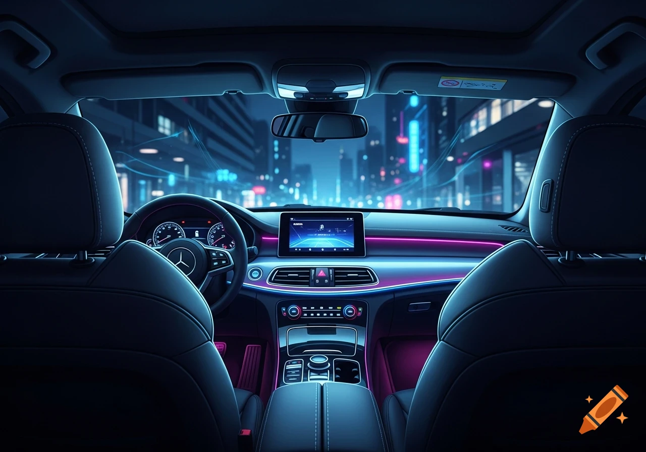 View from inside a car at night, featuring a futuristic dashboard with glowing blue and pink neon lights, and a city skyline visible through the windshield.