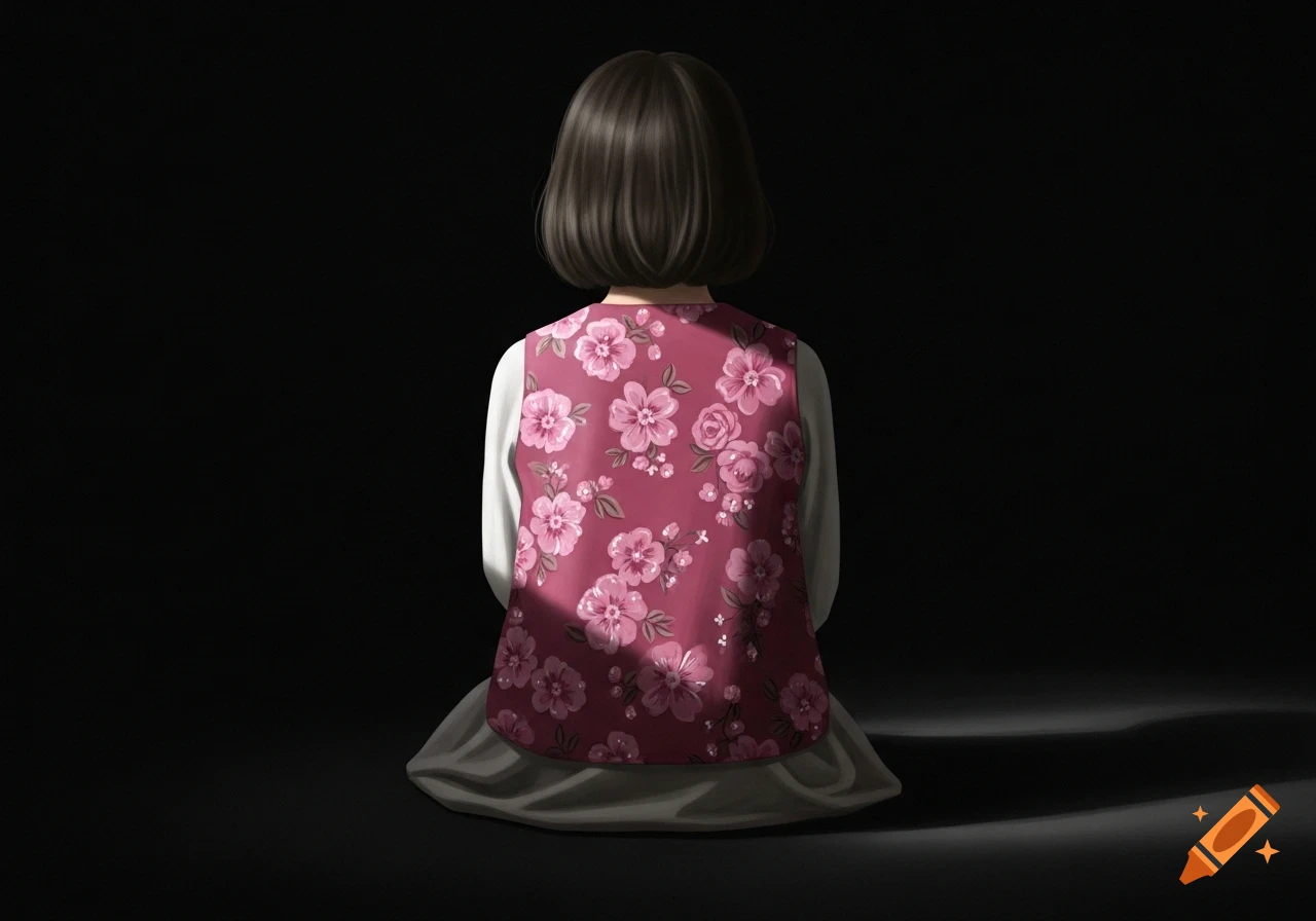 A girl with short dark hair, seen from behind, sitting in a pink floral vest against a dark background with dramatic lighting.