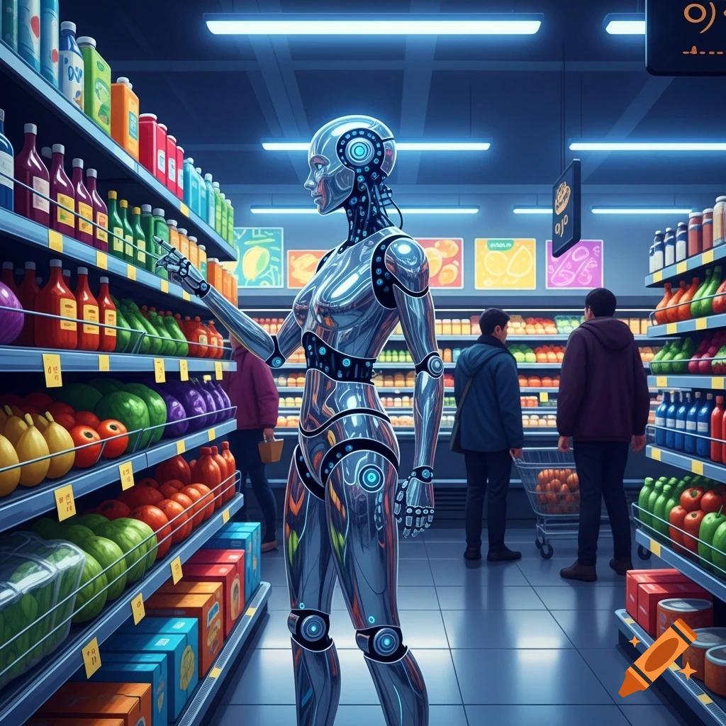 A metallic, humanoid robot stands in the aisle of a futuristic supermarket, reaching for items on a shelf while other shoppers are in the background.