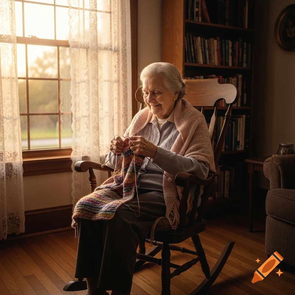 An old woman with white hair smiles while knitting a colorful scarf in a rocking chair by a sunlit window.