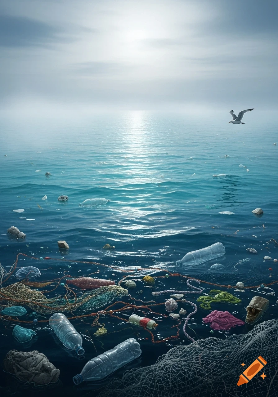Photorealistic image of a vast ocean filled with plastic bottles, fishing nets, and debris under a bright, misty sky, with a single seagull flying.