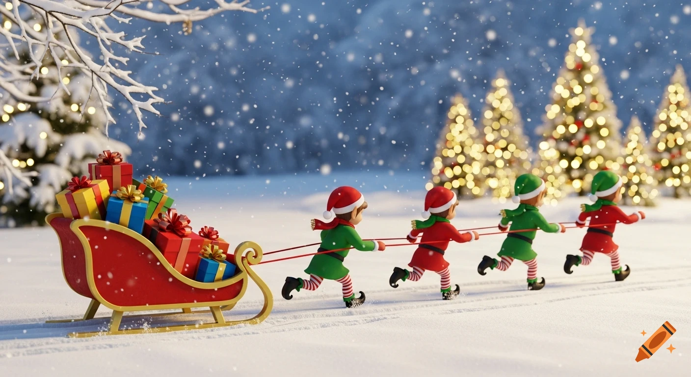Whimsical cartoon elves in red and green outfits pull a gift-filled sleigh through a snowy landscape with illuminated Christmas trees and falling snow.