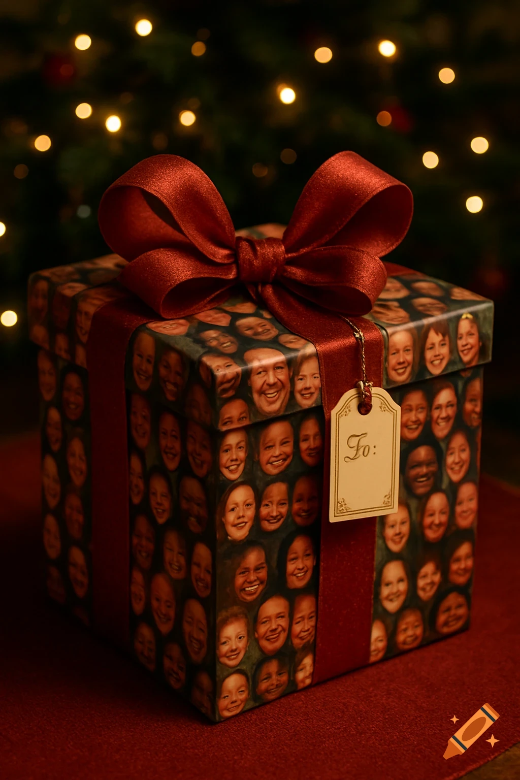 A festive gift box wrapped in paper featuring many smiling faces, tied with a red satin bow, against a blurred background of warm Christmas lights.