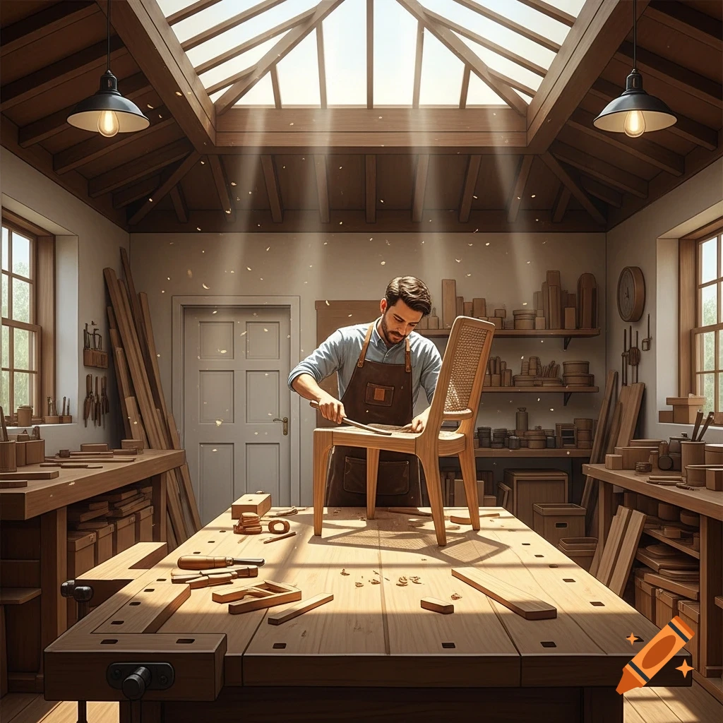 A man in an apron carefully sands a wooden chair in a sunlit woodworking shop filled with tools and wood. Photorealistic style.